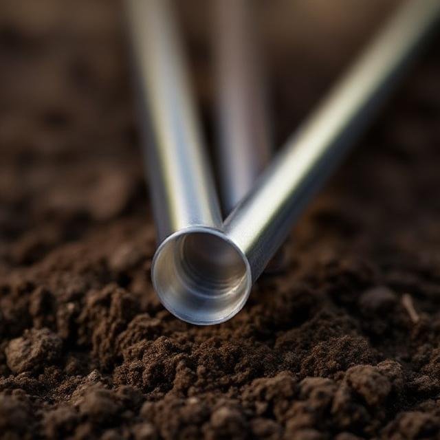 Metal soil sampling tube resting on loose earth, used for agricultural or environmental testing
