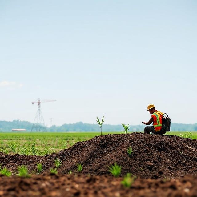 Field technician monitoring soil conditions near young crops using digital tools in farmland